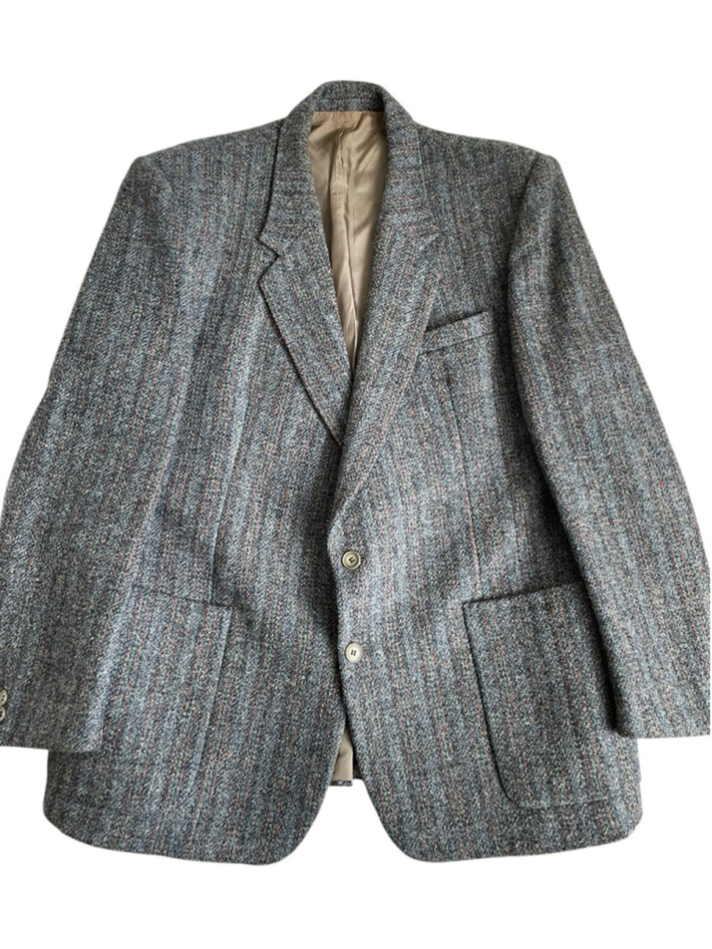 Vintage Harris Tweed Blazer Mens 46L Light Blue Gray Sport Jacket Patch Pocket